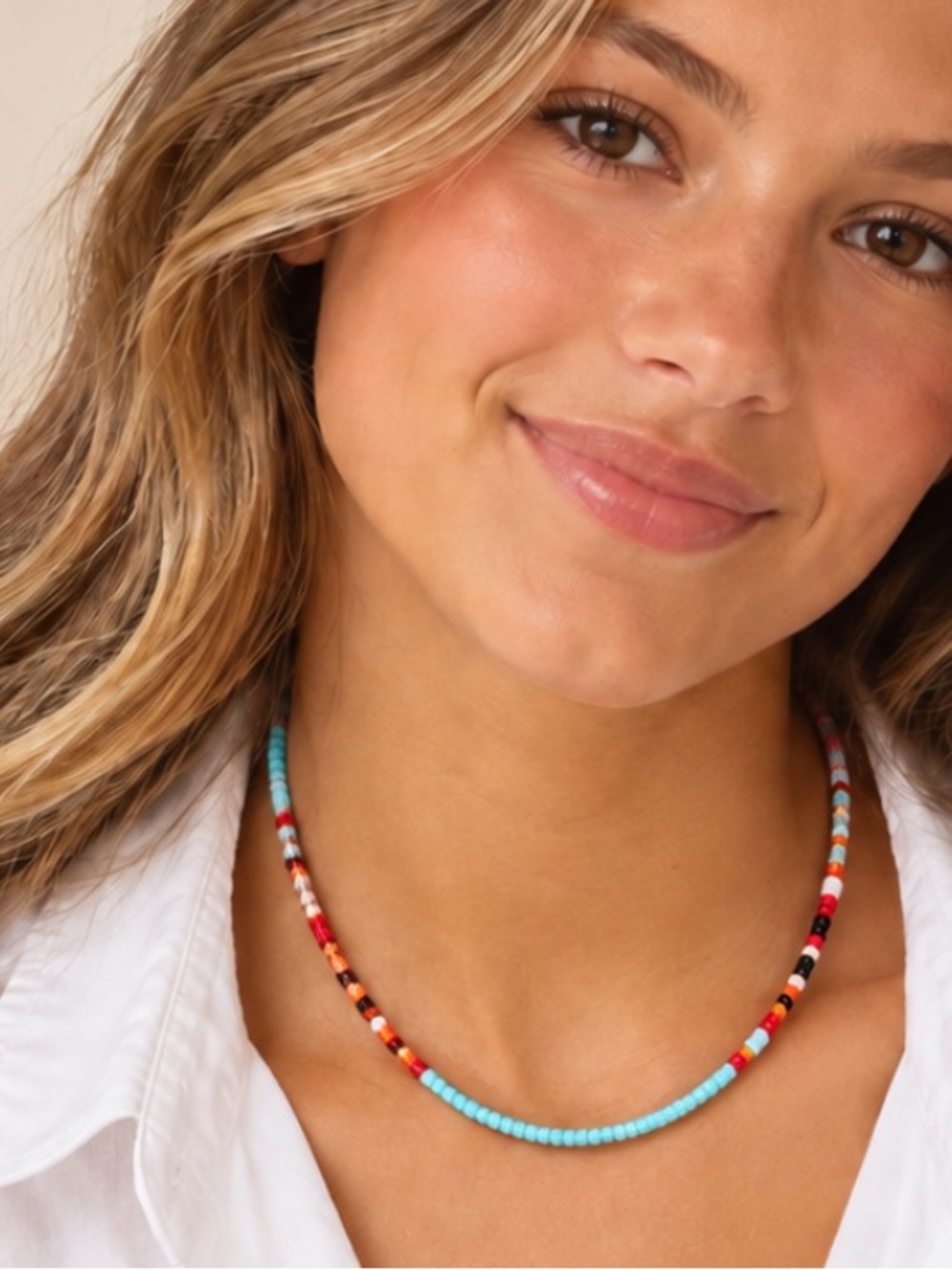 New! Turquoise Red Beaded Colorblock Necklace NWOT